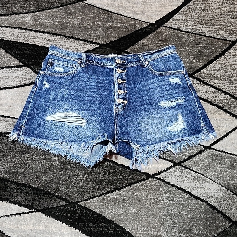 KANCAN HIGH-RISE BUTTON FLY DISTRESSED RAW-EDGE DENIM JEAN SHORTS